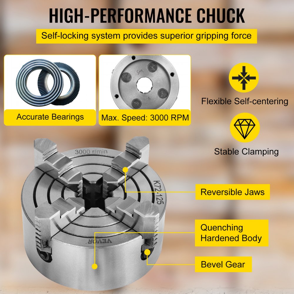 5-inch Bostome K72-125 lathe chuck with 4 independent jaws for precise clamping.