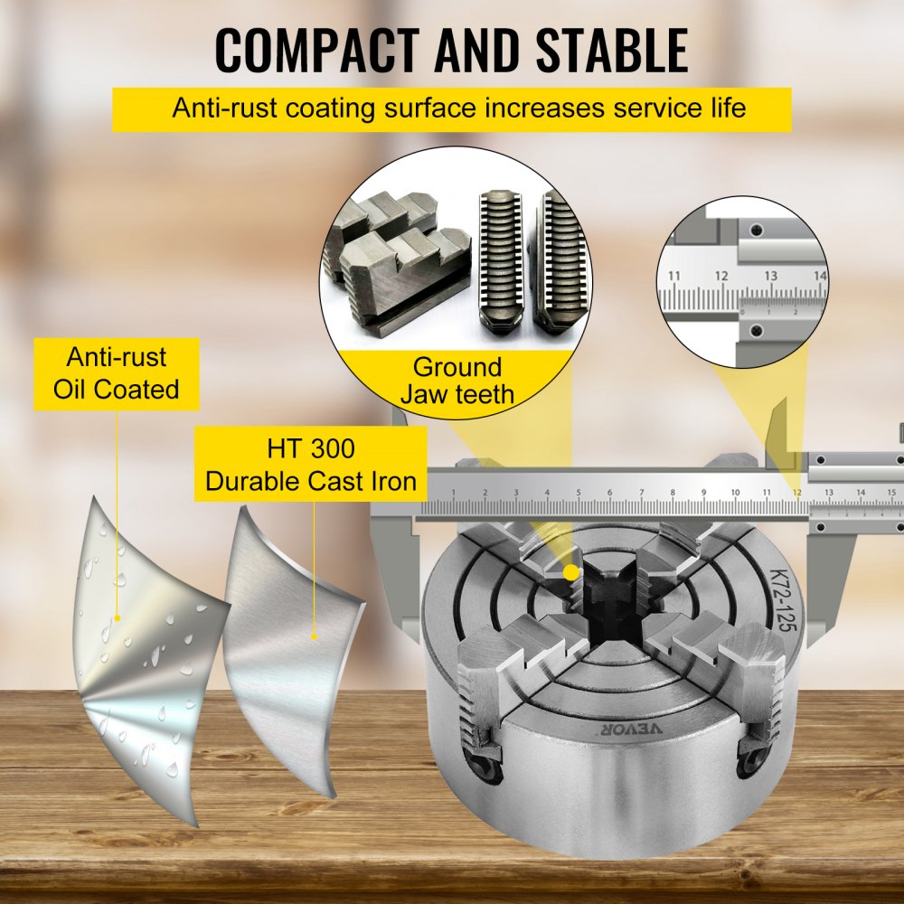 Bostome K72-125 lathe chuck with 4 jaws, cast iron body, and reversible design for precise clamping.