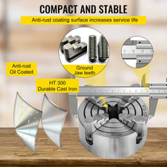 Bostome K72-125 lathe chuck with 4 jaws, cast iron body, and reversible design for precise clamping.
