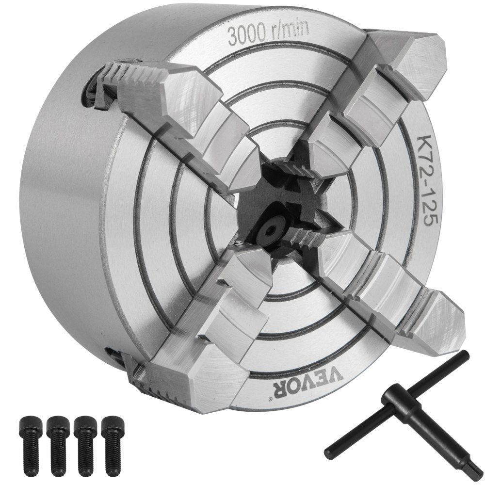5-inch Bostome K72-125 lathe chuck with 4 independent jaws for versatile clamping.