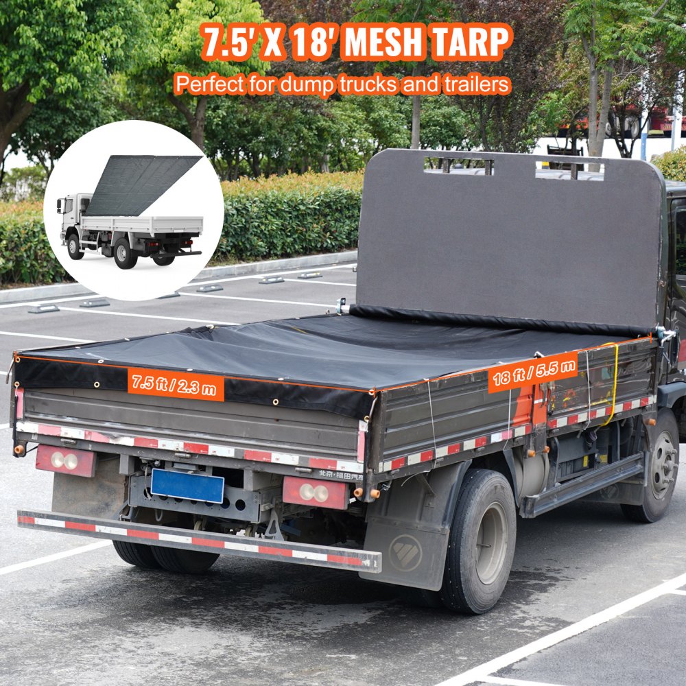 Dump Truck Mesh Tarp, 7.5x18 ft, PVC Coated Black Heavy Duty Cover with 5.5" 18oz Double Pocket, Brass Grommets, Reinforced Double Needle Stitch Webbing Fits Manual or Electric Dump Truck System