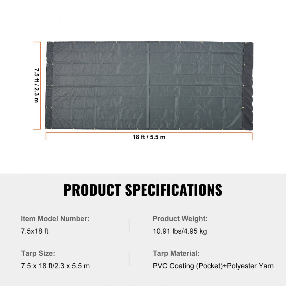Dump Truck Mesh Tarp, 7.5x18 ft, PVC Coated Black Heavy Duty Cover with 5.5" 18oz Double Pocket, Brass Grommets, Reinforced Double Needle Stitch Webbing Fits Manual or Electric Dump Truck System