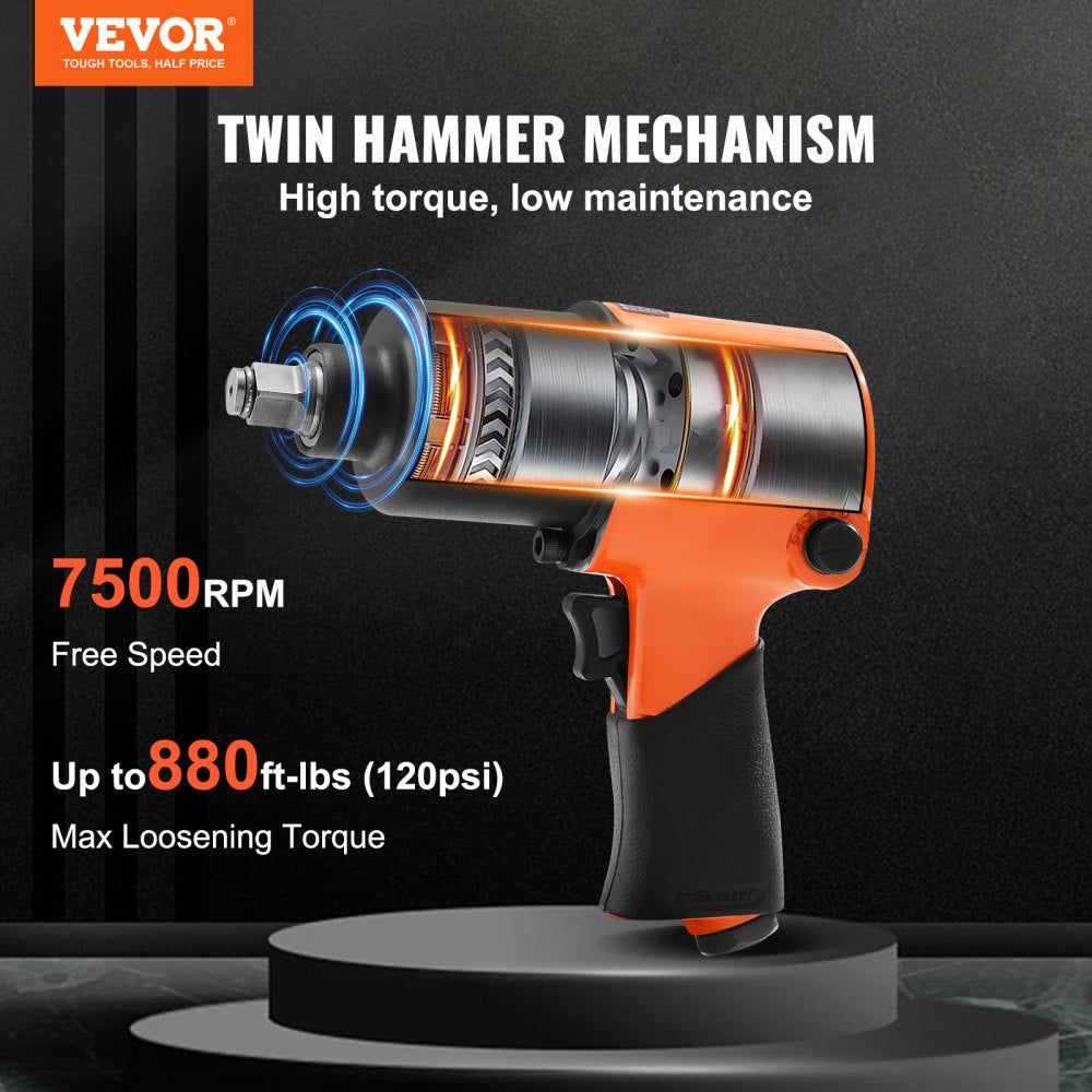 Lightweight Bostome 1/2" air impact wrench with rubber handle and 880ft-lbs torque capacity.