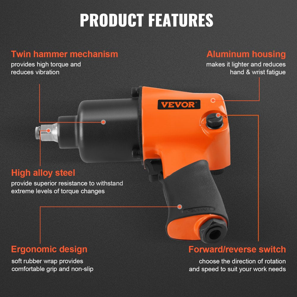 Lightweight Bostome 1/2" air impact wrench with rubber handle and 880ft-lbs torque.