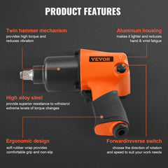 Lightweight Bostome 1/2" air impact wrench with rubber handle and 880ft-lbs torque.