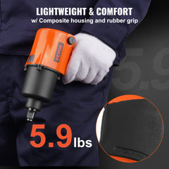 Lightweight Bostome 1/2" air impact wrench with rubber handle and 880ft-lbs torque.