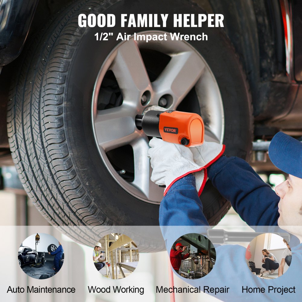 Lightweight Bostome 1/2" air impact wrench with rubber handle and 880ft-lbs torque capability.