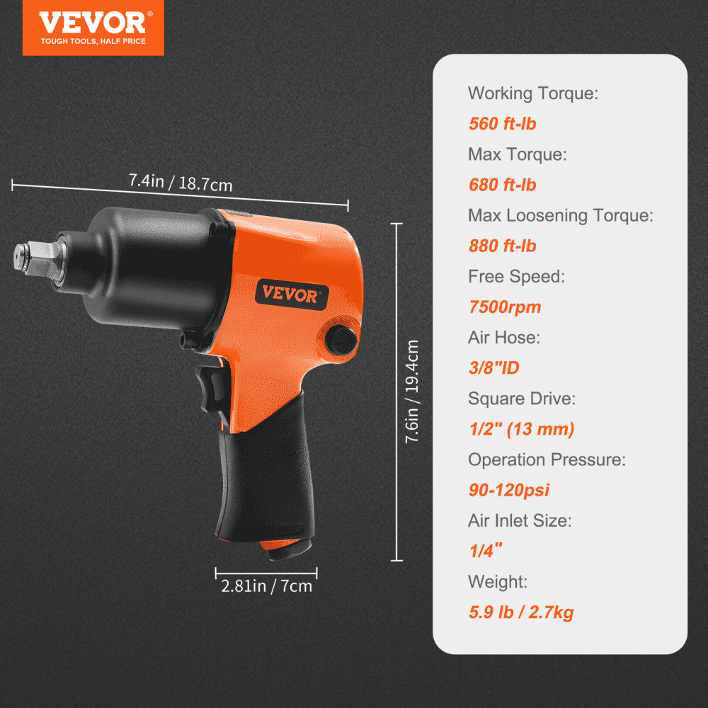 Lightweight Bostome 1/2" air impact wrench with rubber handle and 880ft-lbs torque.