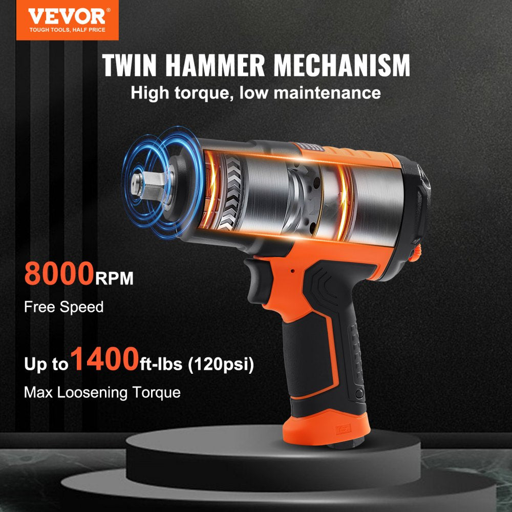 Orange 1/2-inch air impact wrench with twin hammer mechanism, 8000 RPM free speed, and 1400 ft-lbs loosening torque.