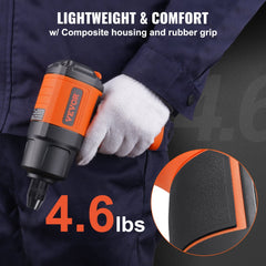 A hand holding a lightweight Bostome 1/2-inch air impact wrench with composite housing and rubber grip, weighing 4.6 lbs.