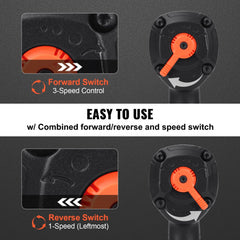 Close-up of Bostome 1/2" air impact wrench showing combined forward/reverse switch and 3-speed control.