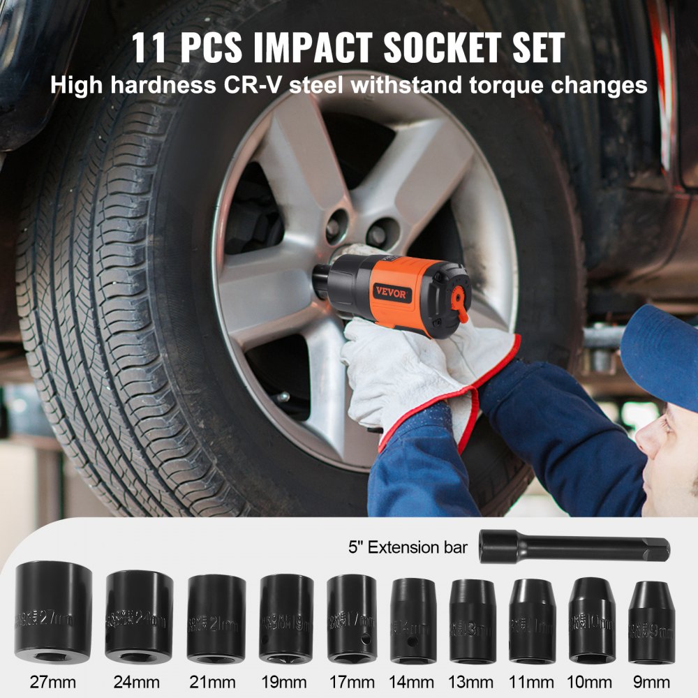 Orange 1/2" air impact wrench with 1400 ft-lb torque used on car wheel lug nut by gloved mechanic, plus 11-piece black CR-V socket set.