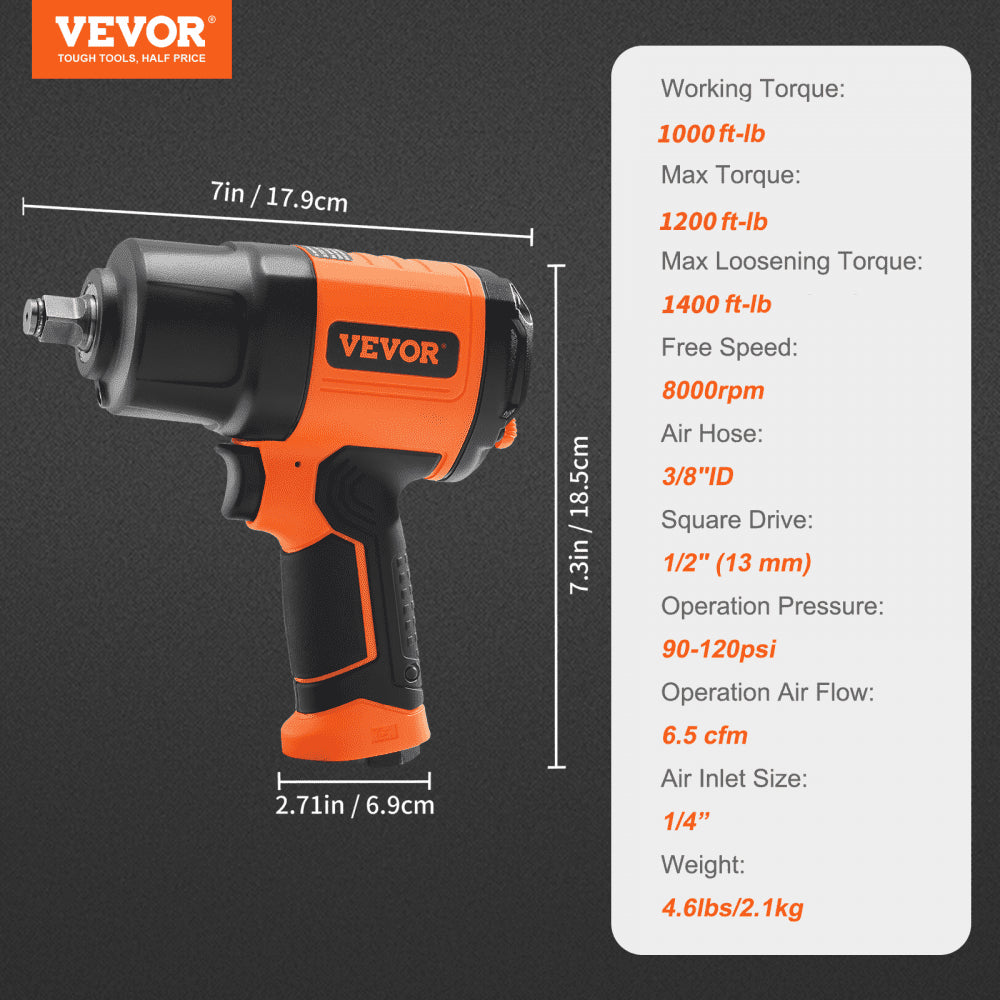 Orange 1/2-inch air impact wrench with 1400 ft-lb torque, lightweight composite body, and ergonomic handle.