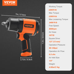 Orange 1/2-inch air impact wrench with 1400 ft-lb torque, lightweight composite body, and ergonomic handle.