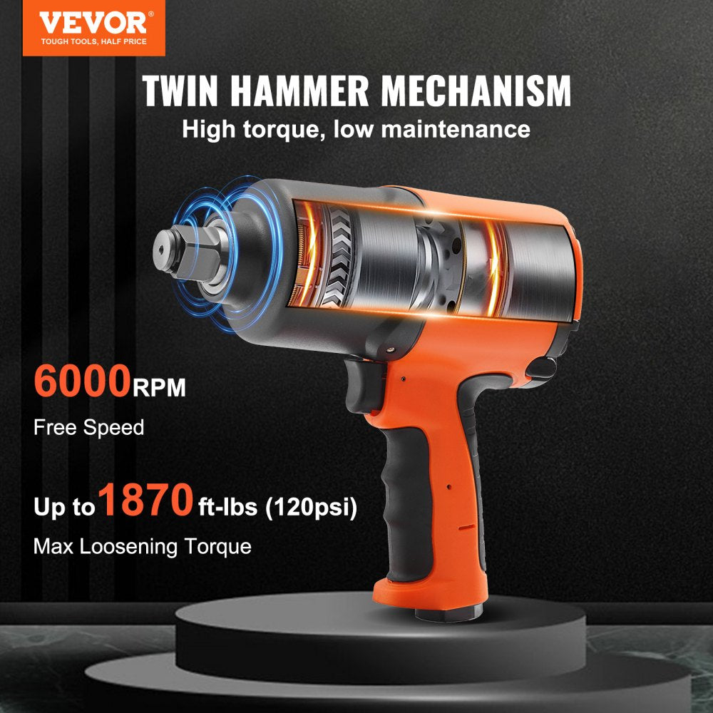 Orange 3/4-inch air impact wrench with twin hammer mechanism, 6000 RPM, and up to 1870 ft-lbs torque.