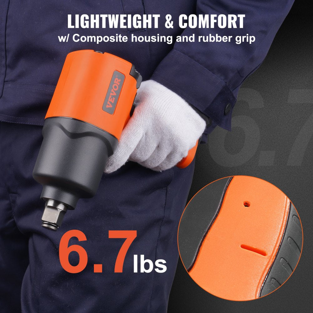 A person wearing gloves holds an orange and black air impact wrench, weighing 6.7 lbs.