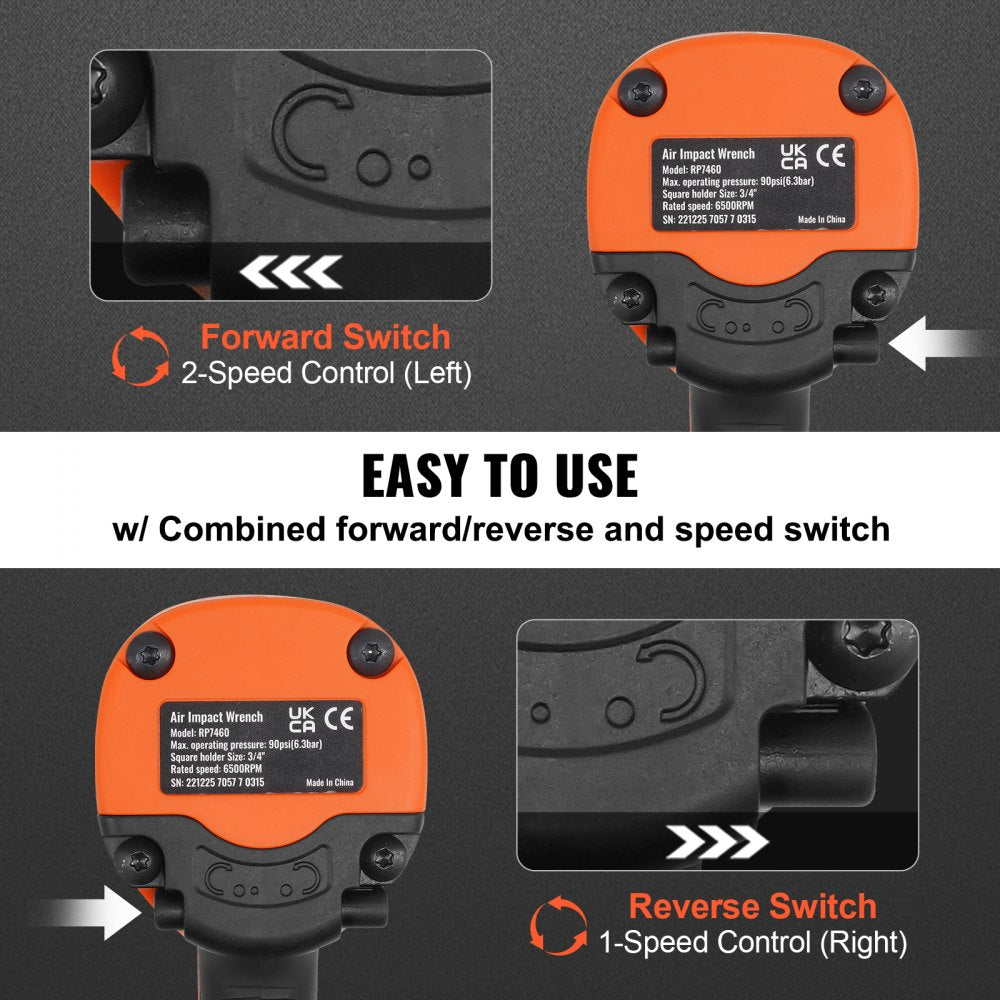 Orange 3/4-inch air impact wrench with forward/reverse speed switch and labels.