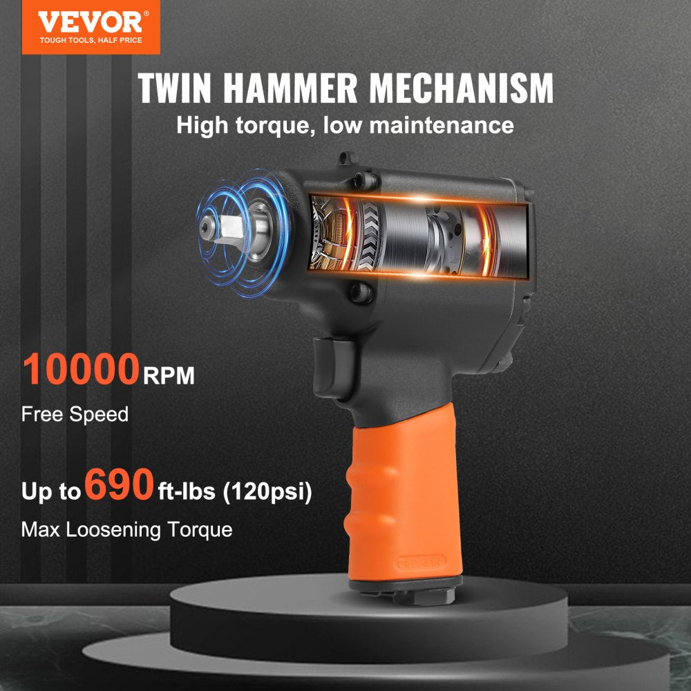 Lightweight Bostome 3/8" air impact wrench with a rubber handle and 690 ft-lbs torque.