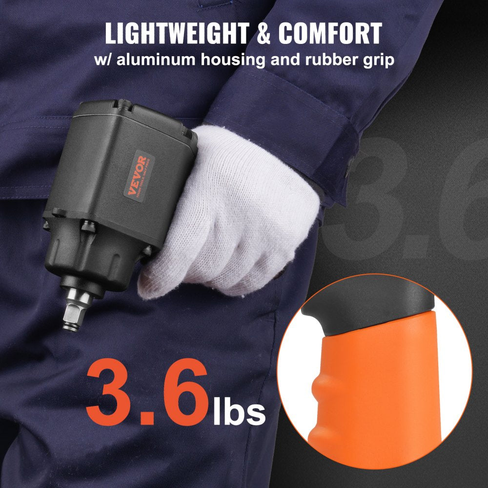 Lightweight Bostome 3/8" air impact wrench with rubber handle and 690 ft-lbs torque.