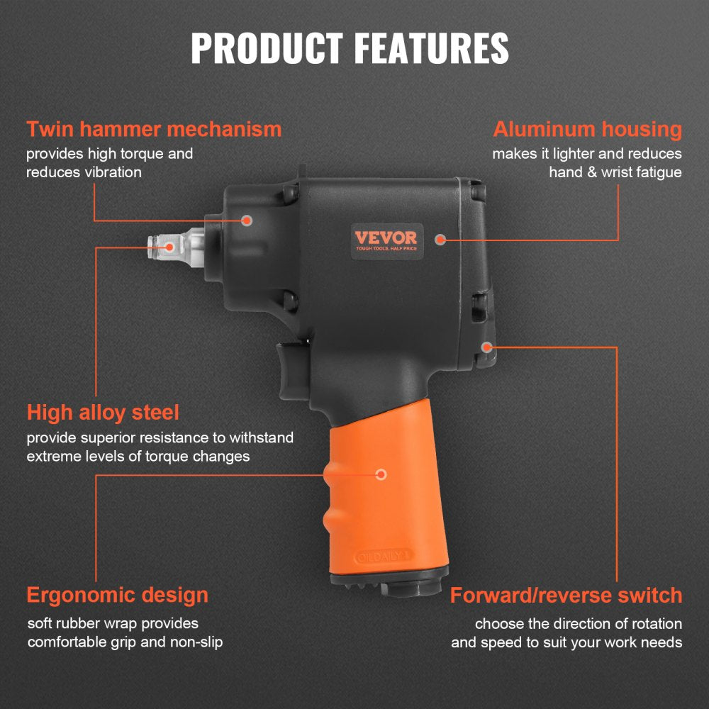 Lightweight Bostome 3/8" air impact wrench with a rubber handle and 690 ft-lbs torque.