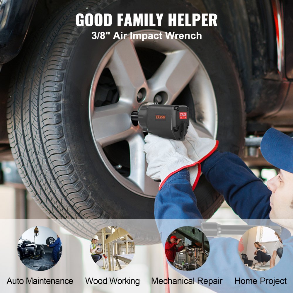Lightweight Bostome 3/8" air impact wrench with rubber handle and 690 ft-lbs torque.