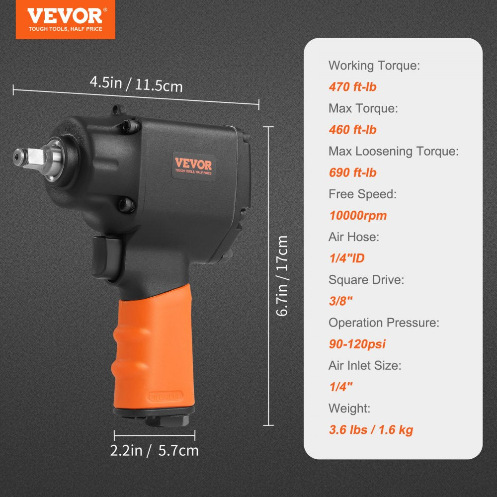 Lightweight Bostome 3/8" air impact wrench with rubber handle and 690 ft-lbs torque.