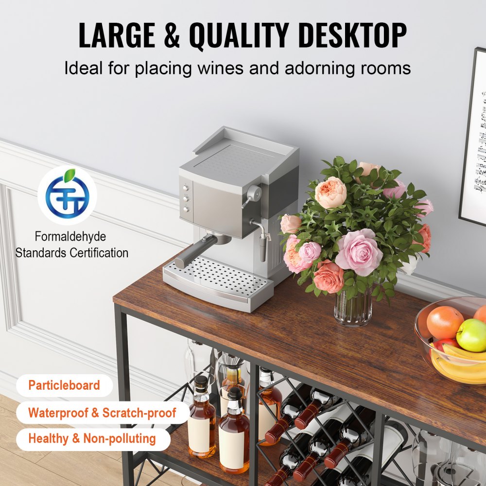 Industrial Bar Cabinet Wine Bar Home Table with Wine Rack & Glass Holder