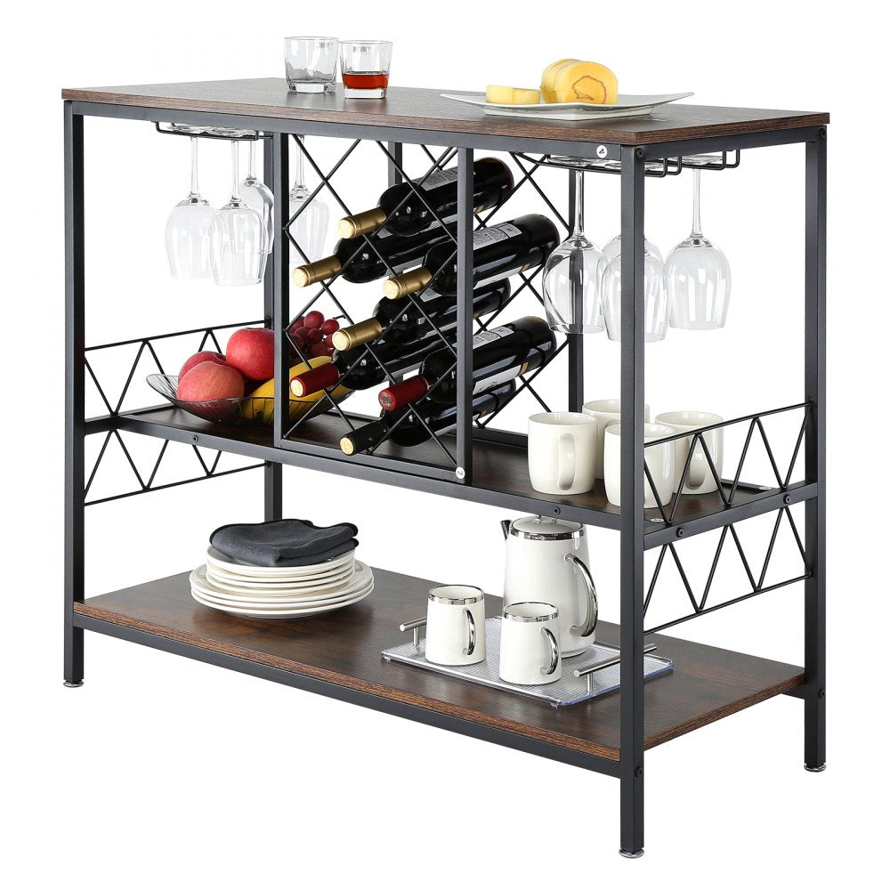 Industrial Bar Cabinet Wine Bar Home Table with Wine Rack & Glass Holder