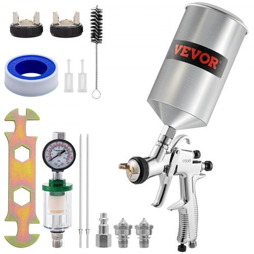 LVLP Air Spray Gun, High Performance Gravity Feed Paint Sprayer 1.3mm 1.4mm 1.8mm Stainless Steel Nozzles 1000cc Cup with MPS Adapter and Air Regulator for Walls, Automotive, Home Improvement
