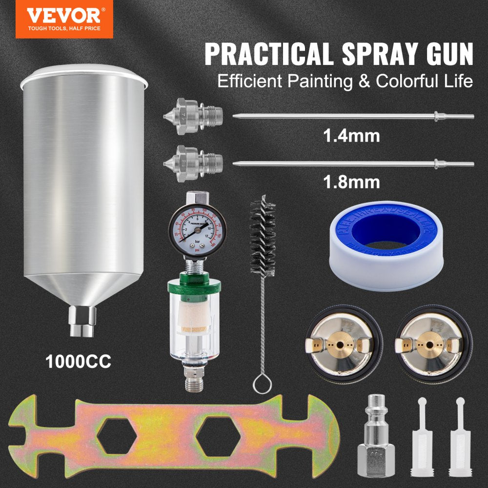 LVLP Air Spray Gun, High Performance Gravity Feed Paint Sprayer 1.3mm 1.4mm 1.8mm Stainless Steel Nozzles 1000cc Cup with MPS Adapter and Air Regulator for Walls, Automotive, Home Improvement