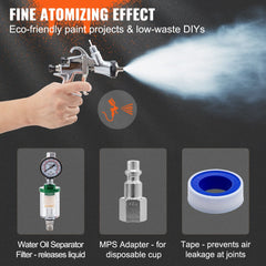 LVLP Air Spray Gun, High Performance Gravity Feed Paint Sprayer 1.3mm 1.4mm 1.8mm Stainless Steel Nozzles 1000cc Cup with MPS Adapter and Air Regulator for Walls, Automotive, Home Improvement