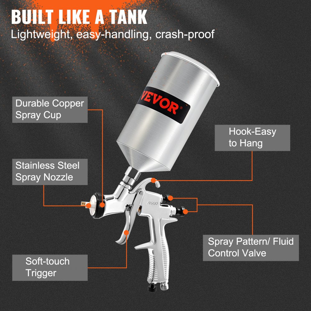 LVLP Air Spray Gun, High Performance Gravity Feed Paint Sprayer 1.3mm 1.4mm 1.8mm Stainless Steel Nozzles 1000cc Cup with MPS Adapter and Air Regulator for Walls, Automotive, Home Improvement