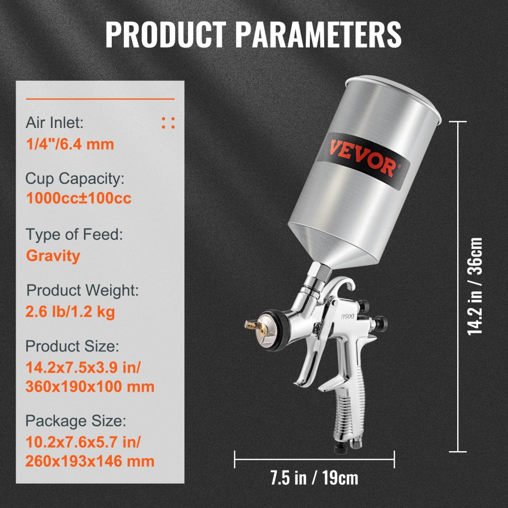 LVLP Air Spray Gun, High Performance Gravity Feed Paint Sprayer 1.3mm 1.4mm 1.8mm Stainless Steel Nozzles 1000cc Cup with MPS Adapter and Air Regulator for Walls, Automotive, Home Improvement
