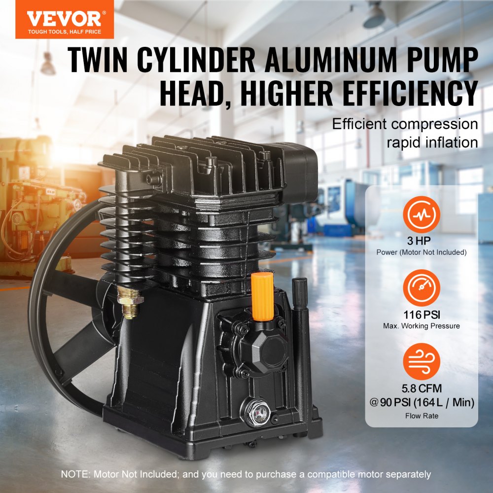 Bostome 3HP twin cylinder air compressor pump head with aluminum construction and oil observation window.