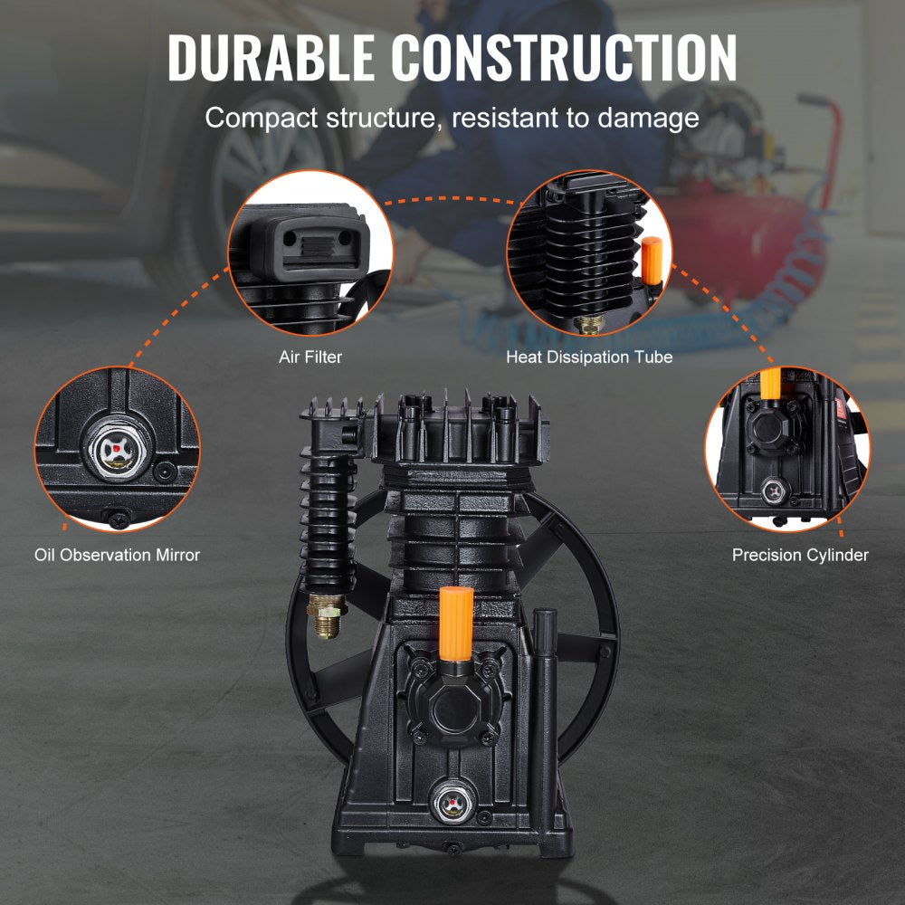 Bostome 3HP twin cylinder air compressor pump head with aluminum construction and oil observation window.