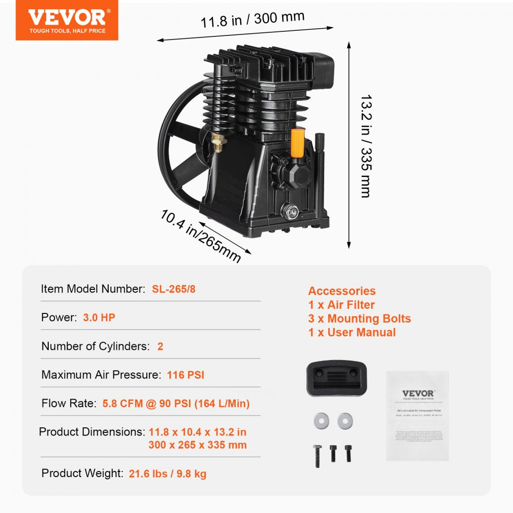 Bostome 3HP twin cylinder air compressor pump head with aluminum construction and air filter.