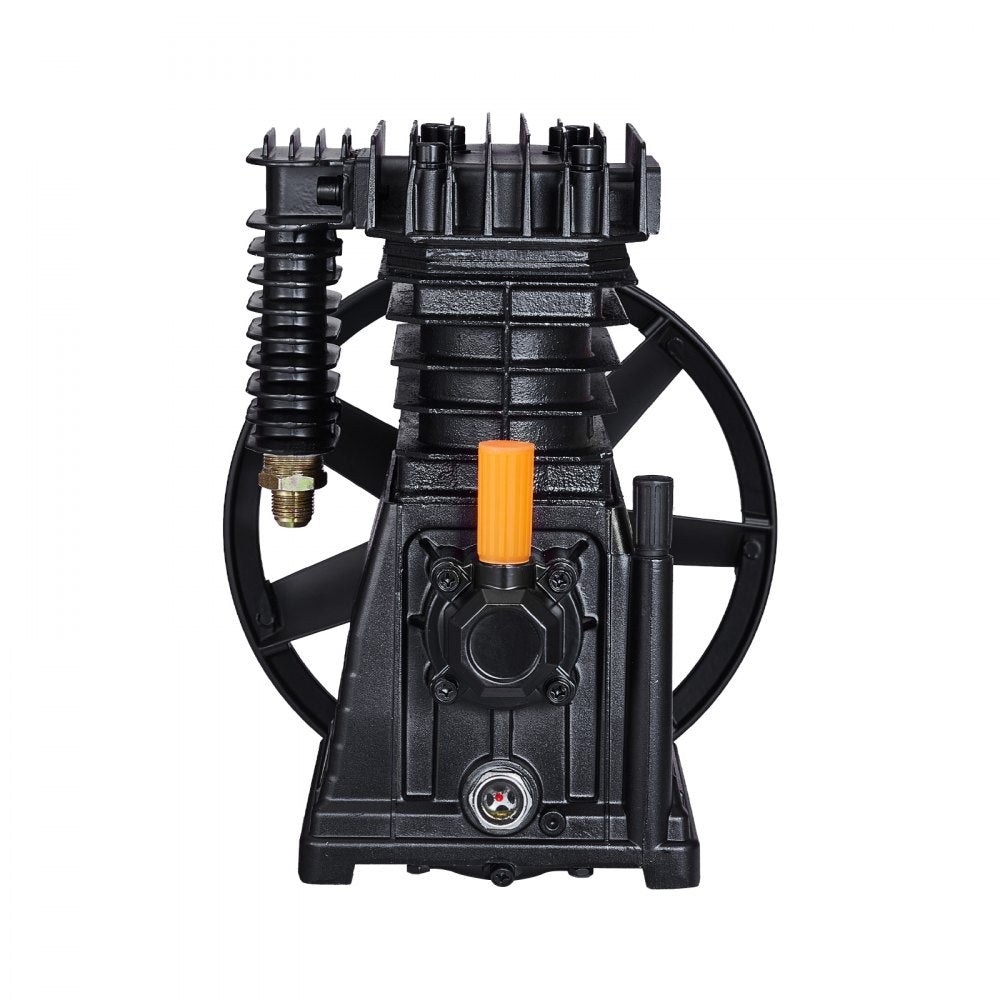 Bostome 3HP twin cylinder air compressor pump head with aluminum construction and oil observation window.