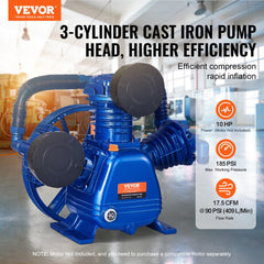 Bostome 10HP air compressor pump head with three cylinders and oil-lubricated design.