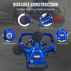 Bostome 10HP air compressor pump head with 3 cylinders and 17.5 CFM at 90 PSI.