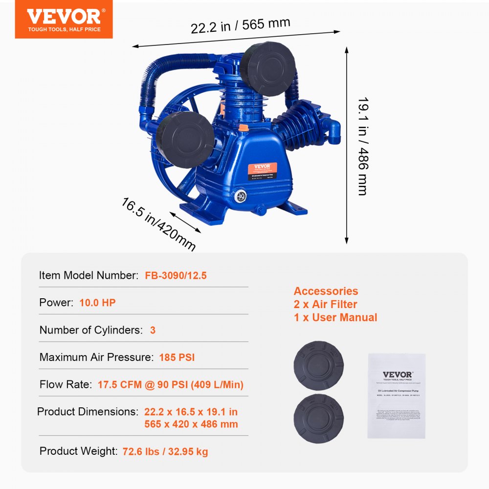 Bostome 10HP air compressor pump head with 3 cylinders and 17.5 CFM at 90 PSI.