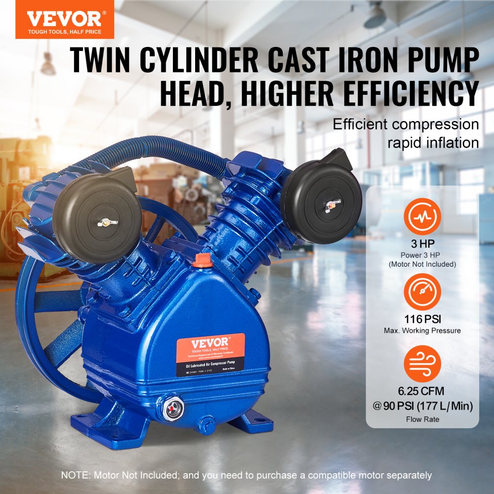 Bostome 3HP air compressor pump head with twin-cylinder design and oil-lubricated system.