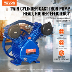 Bostome 3HP air compressor pump head with twin-cylinder design and oil-lubricated system.