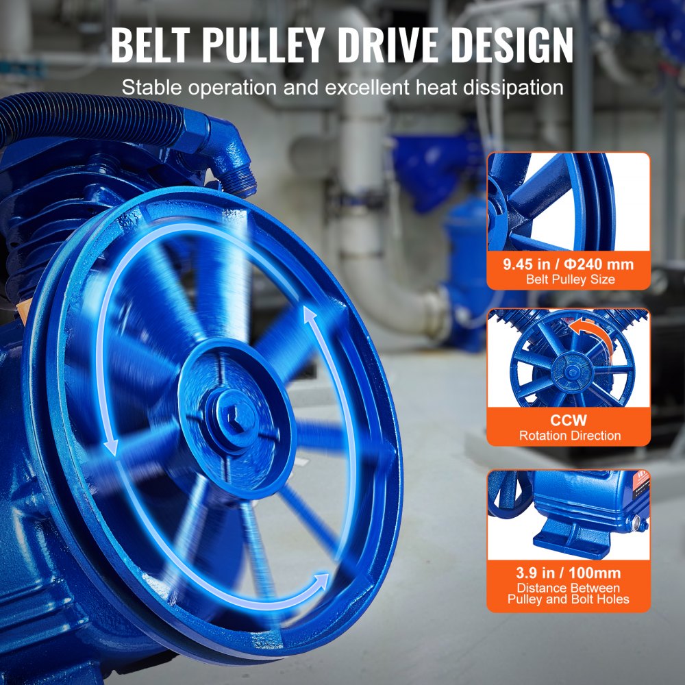 Bostome 3HP air compressor pump head with twin-cylinder design and oil-lubricated system.