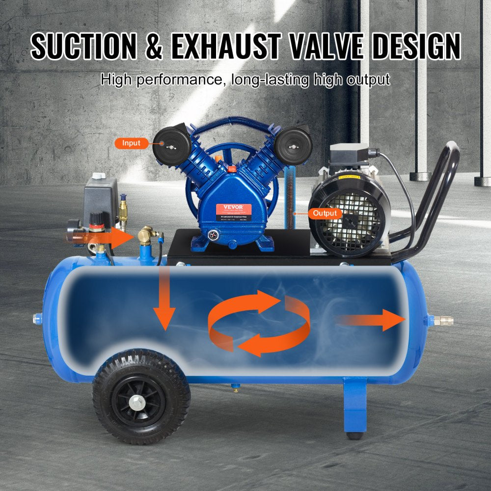 Bostome 3HP air compressor pump head with twin-cylinder piston and oil-lubricated system.