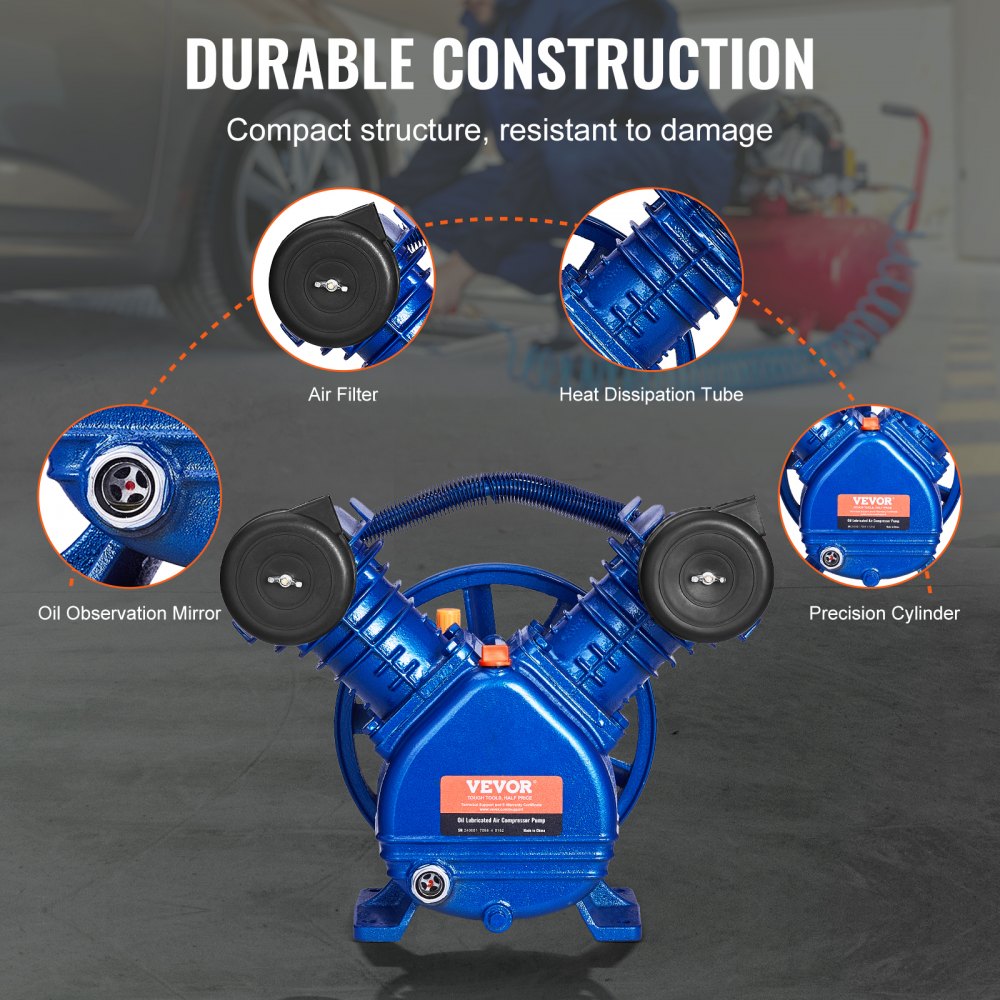 Bostome 3HP air compressor pump head with twin-cylinder piston and oil-lubricated system.