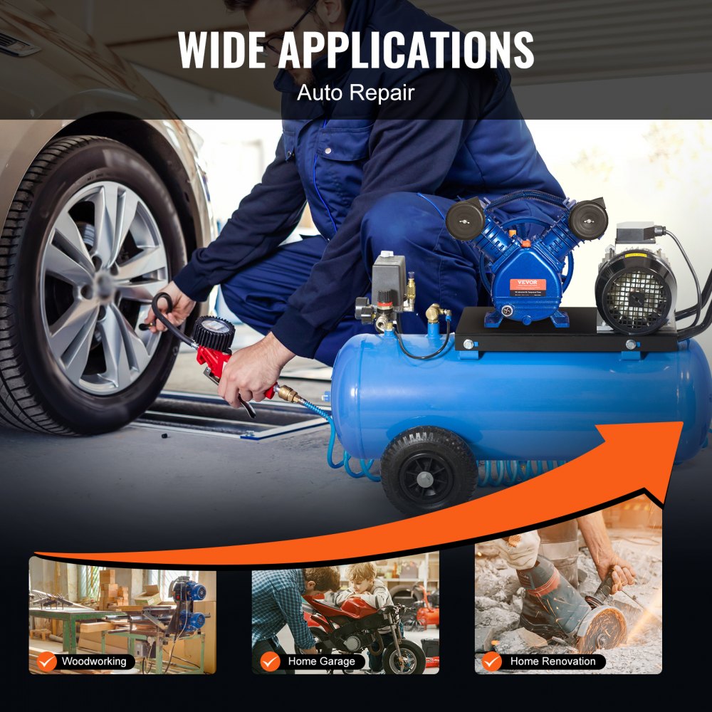 Bostome 3HP air compressor pump head with twin-cylinder piston and oil-lubricated system.