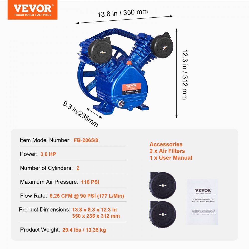 Bostome 3HP air compressor pump head with twin-cylinder piston and oil-lubricated system.
