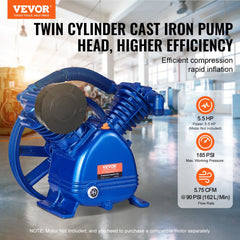 Bostome 5.5HP air compressor pump head with twin-cylinder design and oil-lubricated construction.