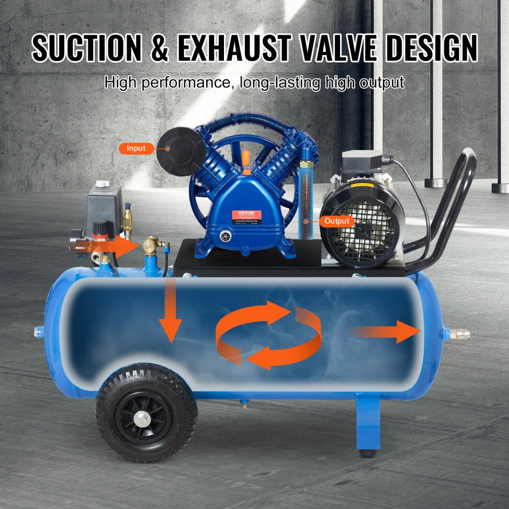Bostome 5.5HP 2-cylinder air compressor pump head with twin-cylinder design and oil observation window.