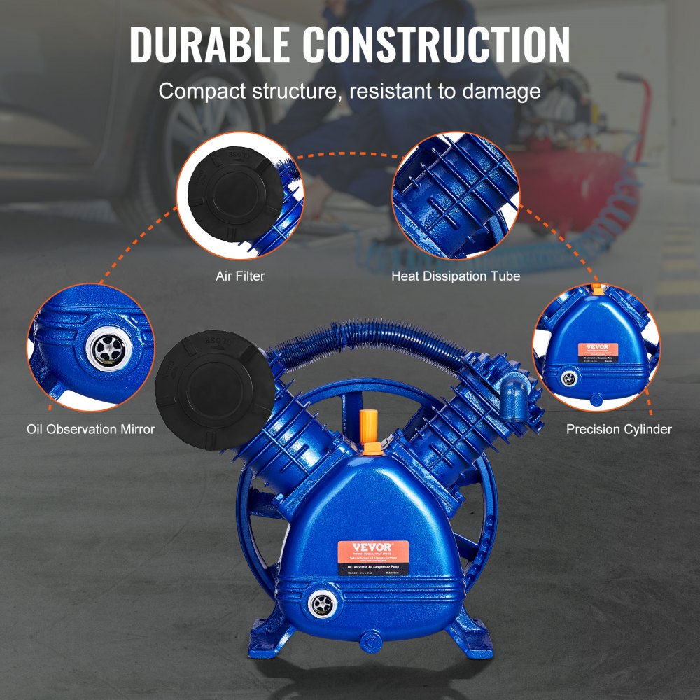 Bostome 5.5HP air compressor pump head with twin-cylinder design and oil-lubricated construction.